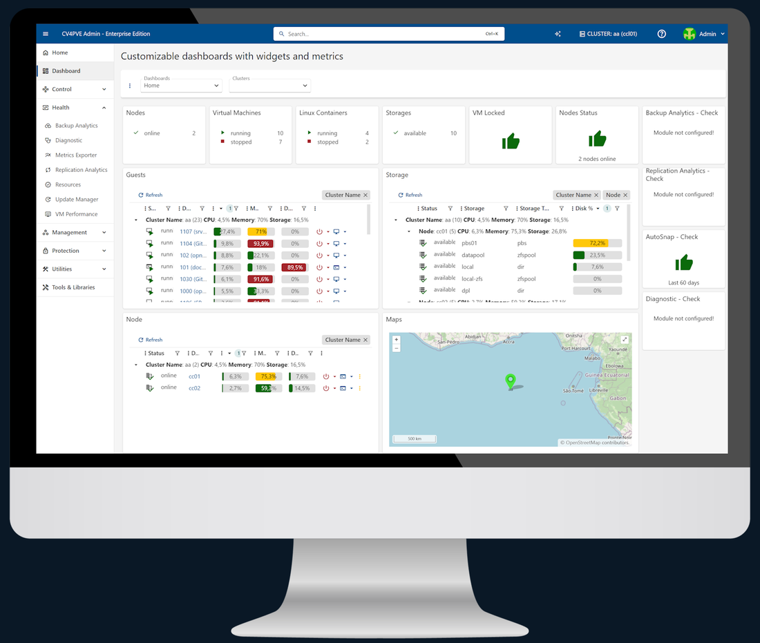 cv4pve-admin on a monitor: composable dashboard with nodes, virtual machines, containers and storage across several clusters
